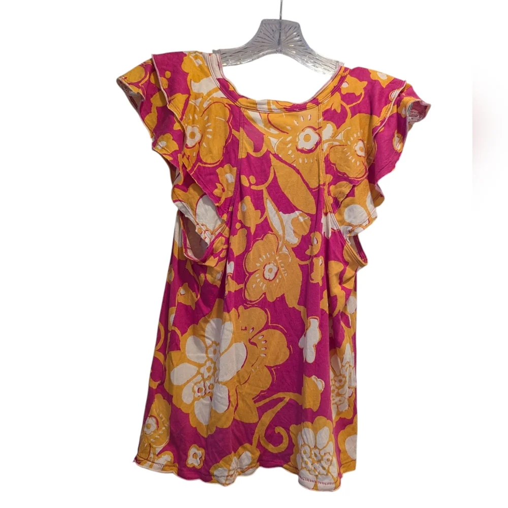 Maeve Anthropologie Pink Yellow Floral Printed Ruffle Short Sleeve Top Size XS - Picture 2 of 8